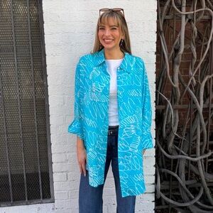 Retro Newport News Blue and white abstract print summer button up shirt sz XL